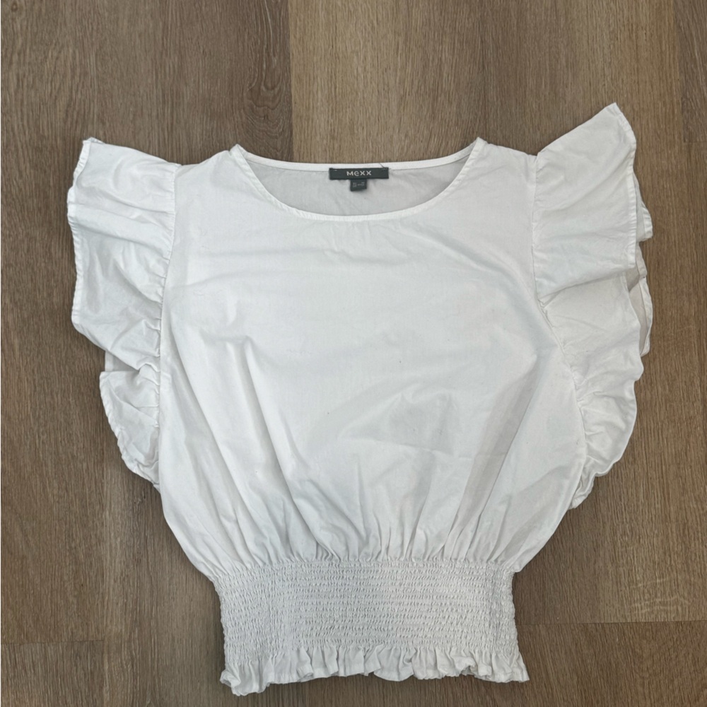 Mexx White Smocked-Waist Ruffle Sleeve Top